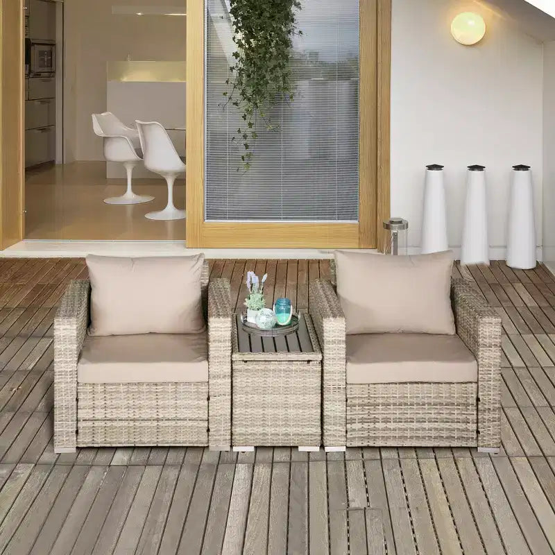 Conjunto de muebles para patio Outsunny de 3 piezas, muebles pequeños de balcón de mimbre de ratán de polietileno, mesa y sillas con cojines, mesa compuesta para apartamento, gris