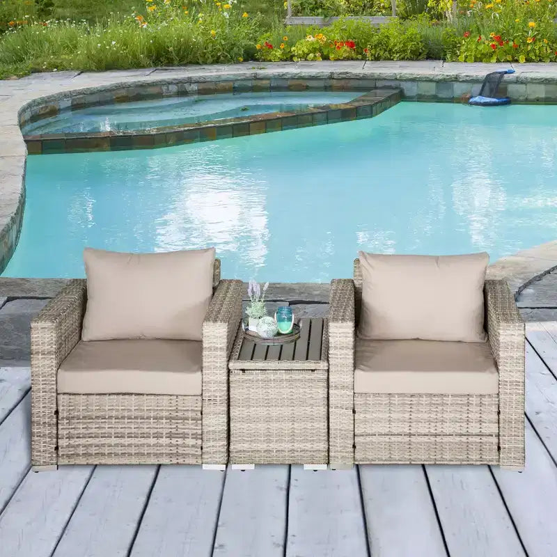 Conjunto de muebles para patio Outsunny de 3 piezas, muebles pequeños de balcón de mimbre de ratán de polietileno, mesa y sillas con cojines, mesa compuesta para apartamento, gris