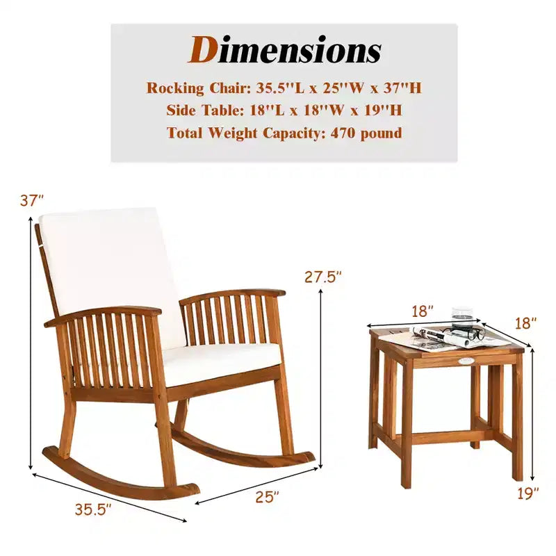 Ensemble Costway 2PCS de fauteuils à bascule de terrasse en bois d'acacia avec table basse rembourrée