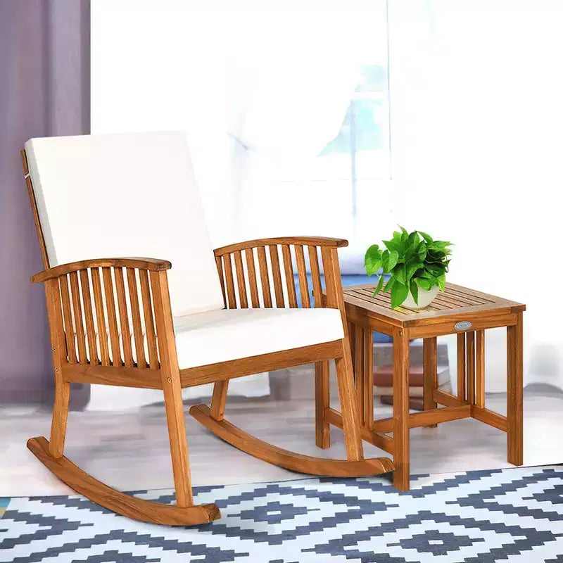 Ensemble Costway 2PCS de fauteuils à bascule de terrasse en bois d'acacia avec table basse rembourrée