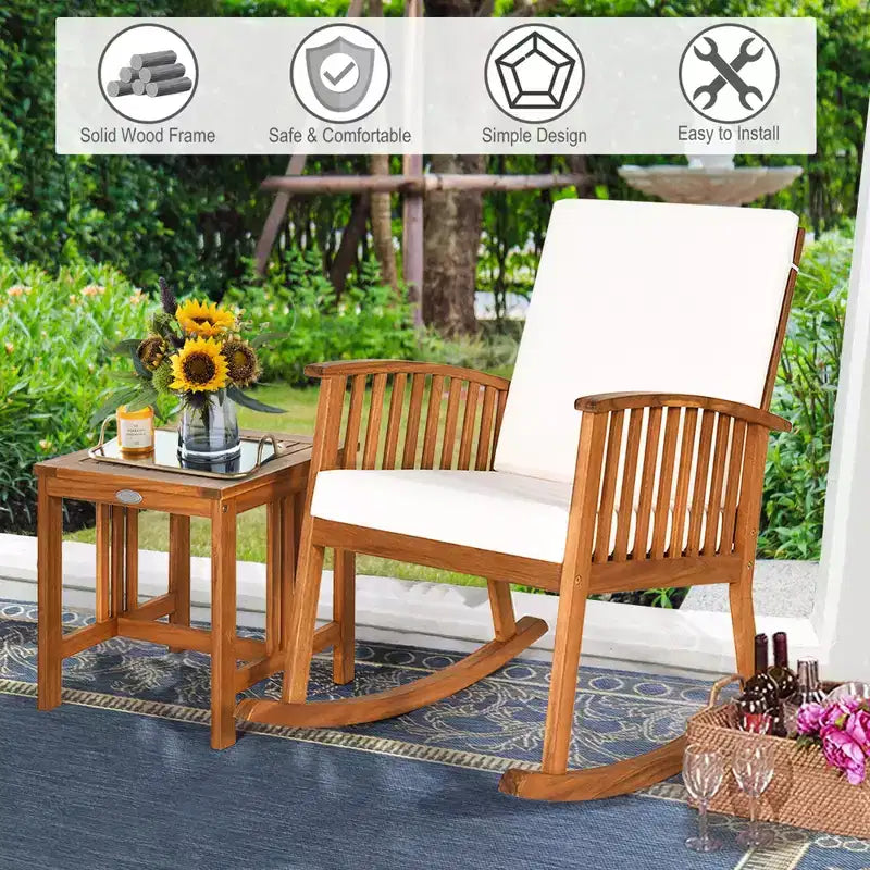Ensemble Costway 2PCS de fauteuils à bascule de terrasse en bois d'acacia avec table basse rembourrée