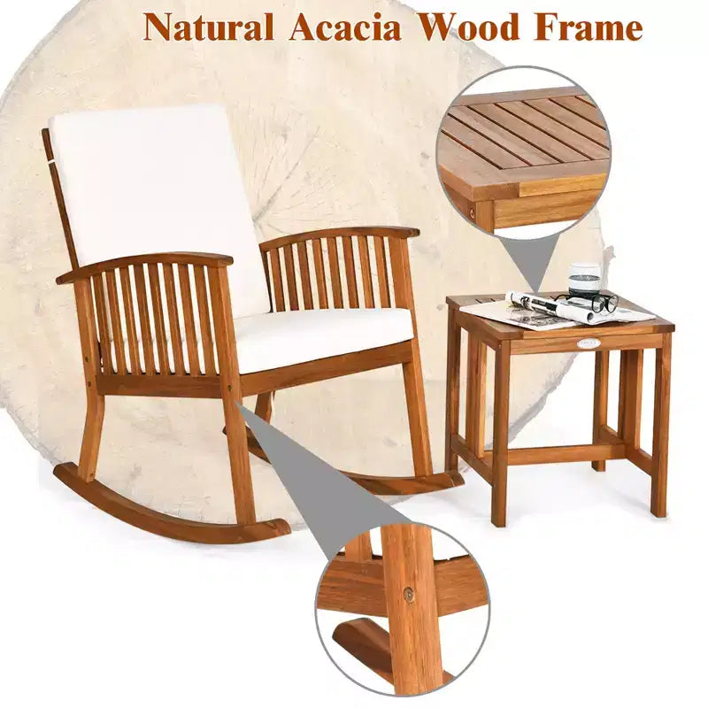 Ensemble Costway 2PCS de fauteuils à bascule de terrasse en bois d'acacia avec table basse rembourrée