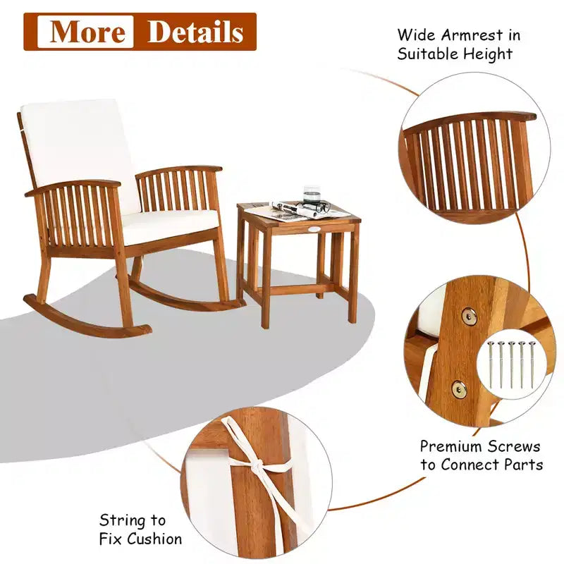 Ensemble Costway 2PCS de fauteuils à bascule de terrasse en bois d'acacia avec table basse rembourrée
