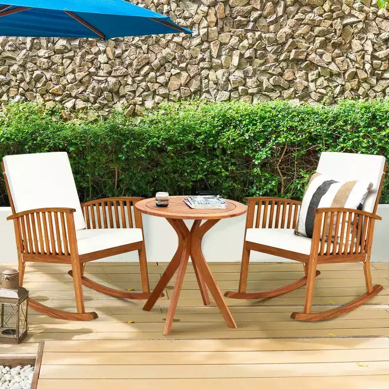 Conjunto Costway de 3 piezas para patio con sillas mecedoras, mesa redonda, madera maciza, sofá acolchado, jardín y terraza