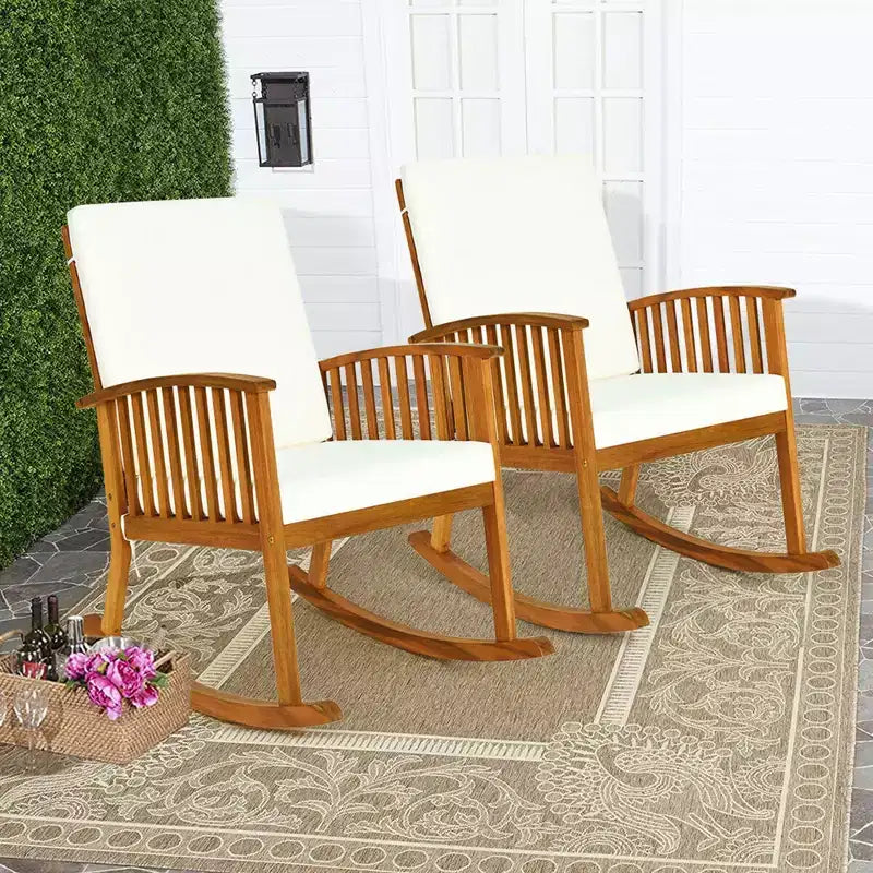 Conjunto Costway de 3 piezas para patio con sillas mecedoras, mesa redonda, madera maciza, sofá acolchado, jardín y terraza