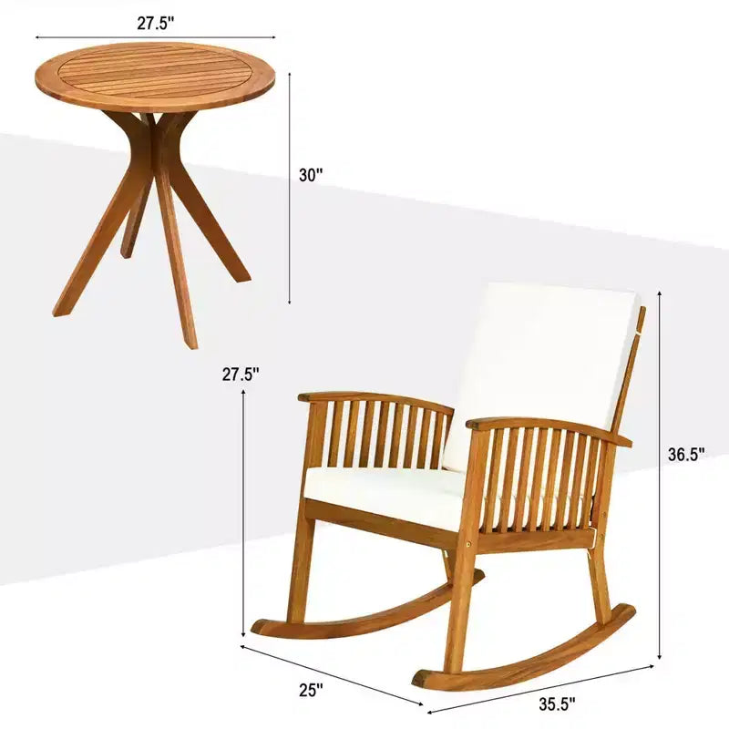 Conjunto Costway de 3 piezas para patio con sillas mecedoras, mesa redonda, madera maciza, sofá acolchado, jardín y terraza