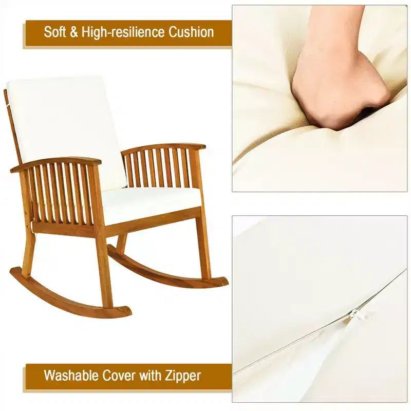 Conjunto Costway de 3 piezas para patio con sillas mecedoras, mesa redonda, madera maciza, sofá acolchado, jardín y terraza