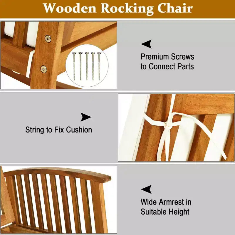 Conjunto Costway de 3 piezas para patio con sillas mecedoras, mesa redonda, madera maciza, sofá acolchado, jardín y terraza