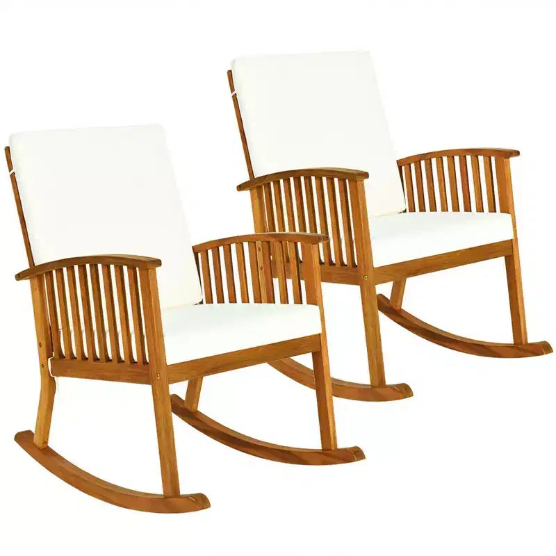 Conjunto Costway de 3 piezas para patio con sillas mecedoras, mesa redonda, madera maciza, sofá acolchado, jardín y terraza