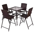 Costway 5PCS Rattan Patio Furniture Set 4 Bar Stool Folding Chair + Bar Table W/Glass Top