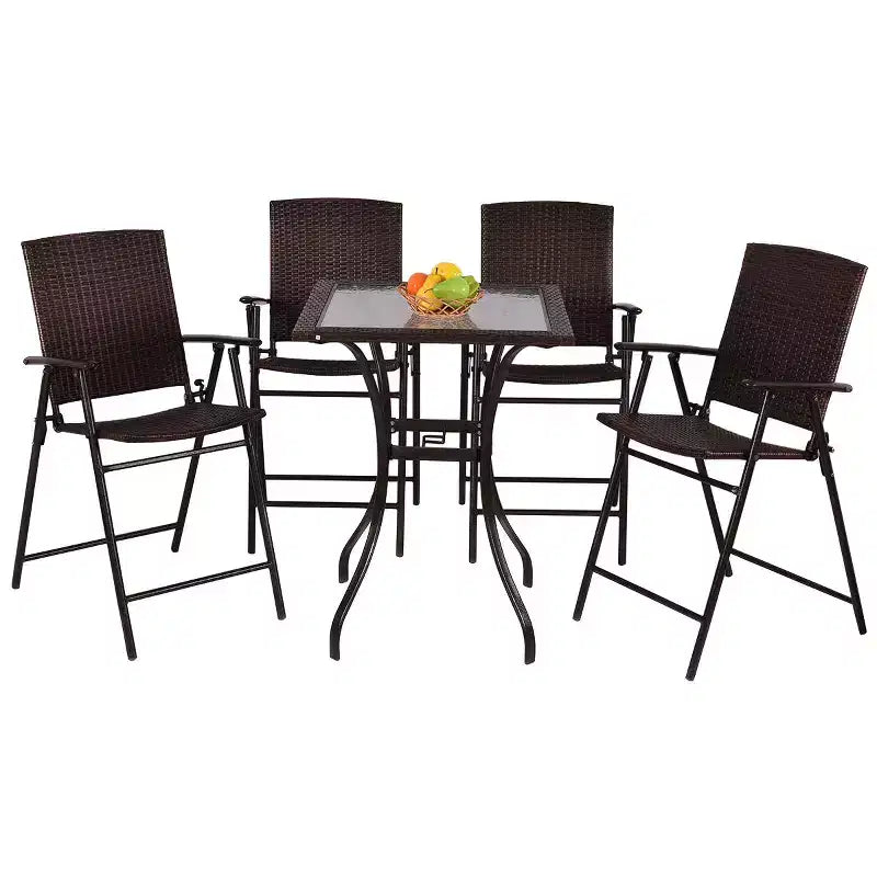 Costway conjunto de muebles de ratán para patio de 5 PIEZAS, 4 taburetes de bar, silla plegable y mesa de bar con superficie de vidrio