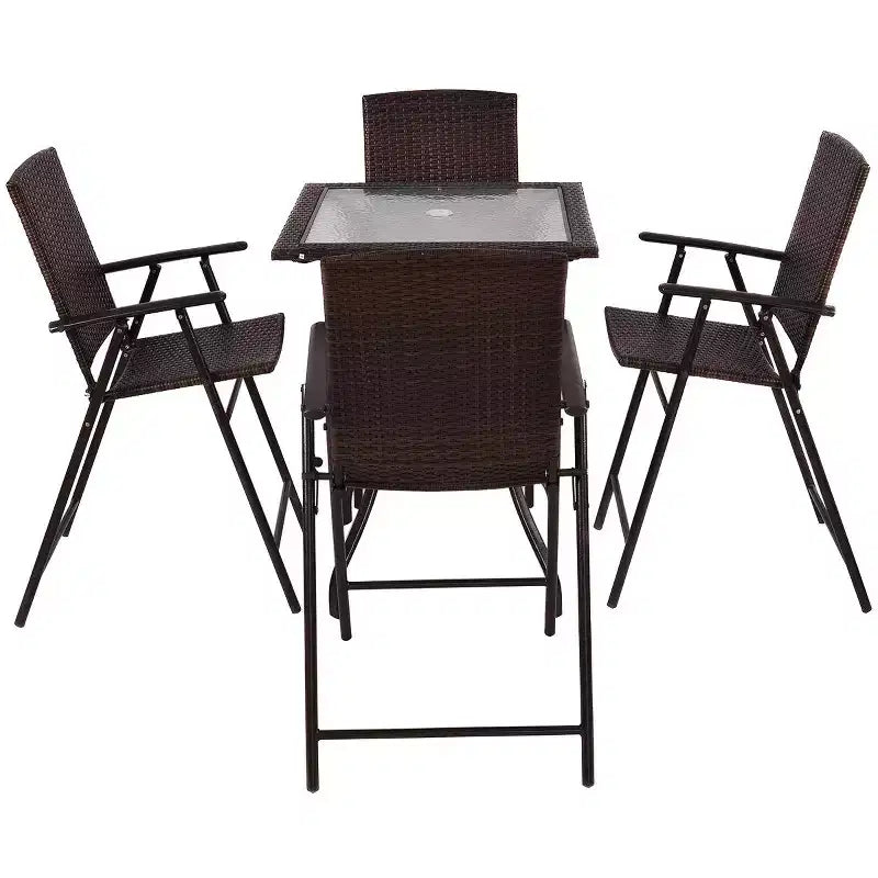 Costway conjunto de muebles de ratán para patio de 5 PIEZAS, 4 taburetes de bar, silla plegable y mesa de bar con superficie de vidrio