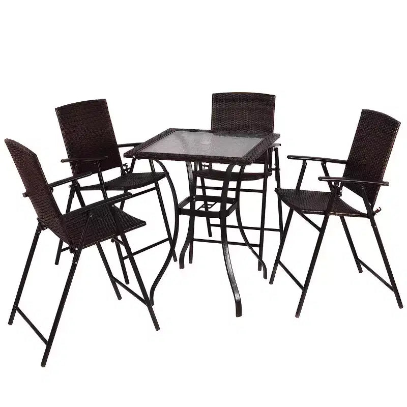 Costway conjunto de muebles de ratán para patio de 5 PIEZAS, 4 taburetes de bar, silla plegable y mesa de bar con superficie de vidrio
