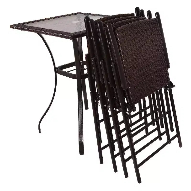 Costway conjunto de muebles de ratán para patio de 5 PIEZAS, 4 taburetes de bar, silla plegable y mesa de bar con superficie de vidrio
