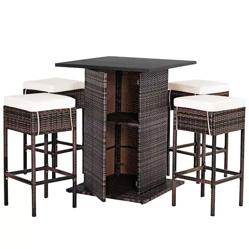 Conjunto de taburetes y mesa de bar de ratán para patio Costway, 5 piezas, con estante de almacenamiento oculto y cojines