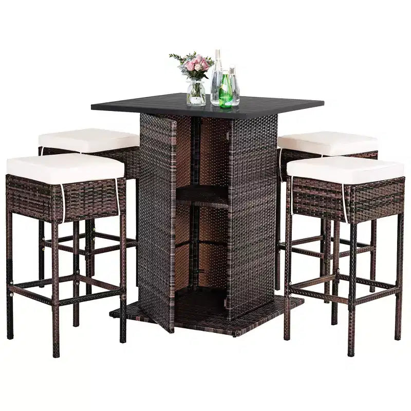 Conjunto de taburetes y mesa de bar de ratán para patio Costway, 5 piezas, con estante de almacenamiento oculto y cojines