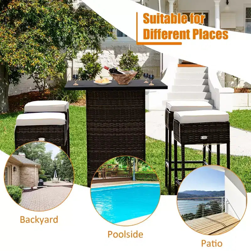 Conjunto de taburetes y mesa de bar de ratán para patio Costway, 5 piezas, con estante de almacenamiento oculto y cojines