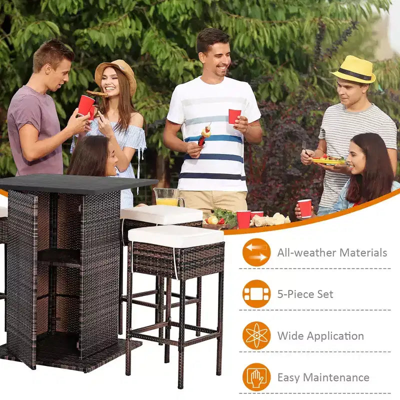 Conjunto de taburetes y mesa de bar de ratán para patio Costway, 5 piezas, con estante de almacenamiento oculto y cojines
