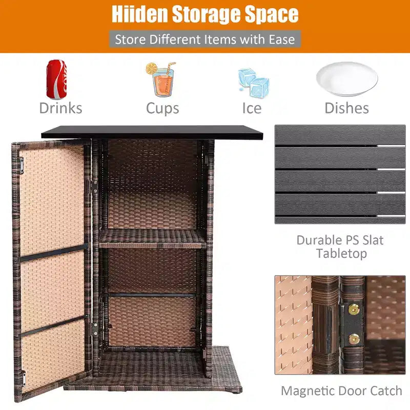 Conjunto de taburetes y mesa de bar de ratán para patio Costway, 5 piezas, con estante de almacenamiento oculto y cojines