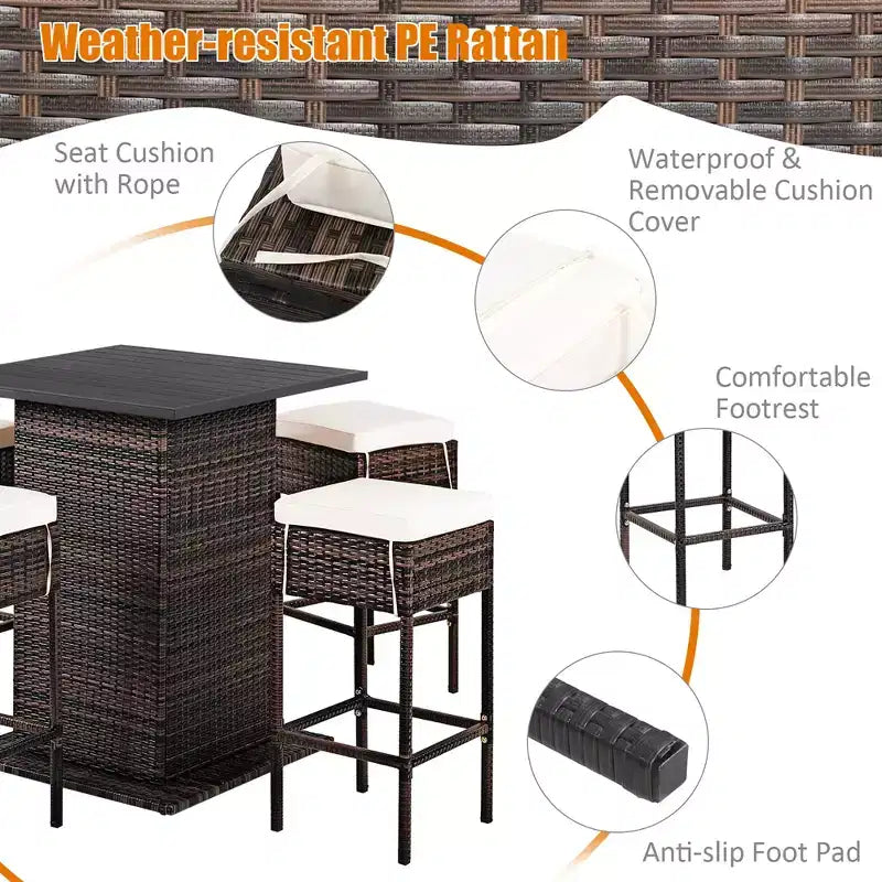 Conjunto de taburetes y mesa de bar de ratán para patio Costway, 5 piezas, con estante de almacenamiento oculto y cojines