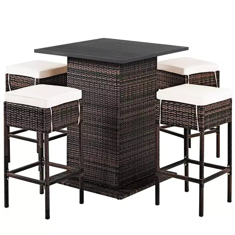 Conjunto de taburetes y mesa de bar de ratán para patio Costway, 5 piezas, con estante de almacenamiento oculto y cojines