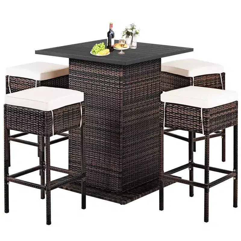 Conjunto de taburetes y mesa de bar de ratán para patio Costway, 5 piezas, con estante de almacenamiento oculto y cojines