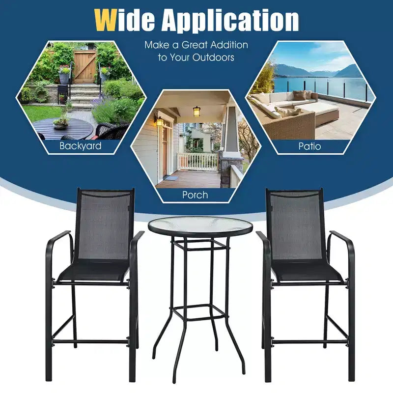 Conjunto de mesa de bar y taburetes para patio exterior de 3 piezas de Costway, con superficie de vidrio templado de altura