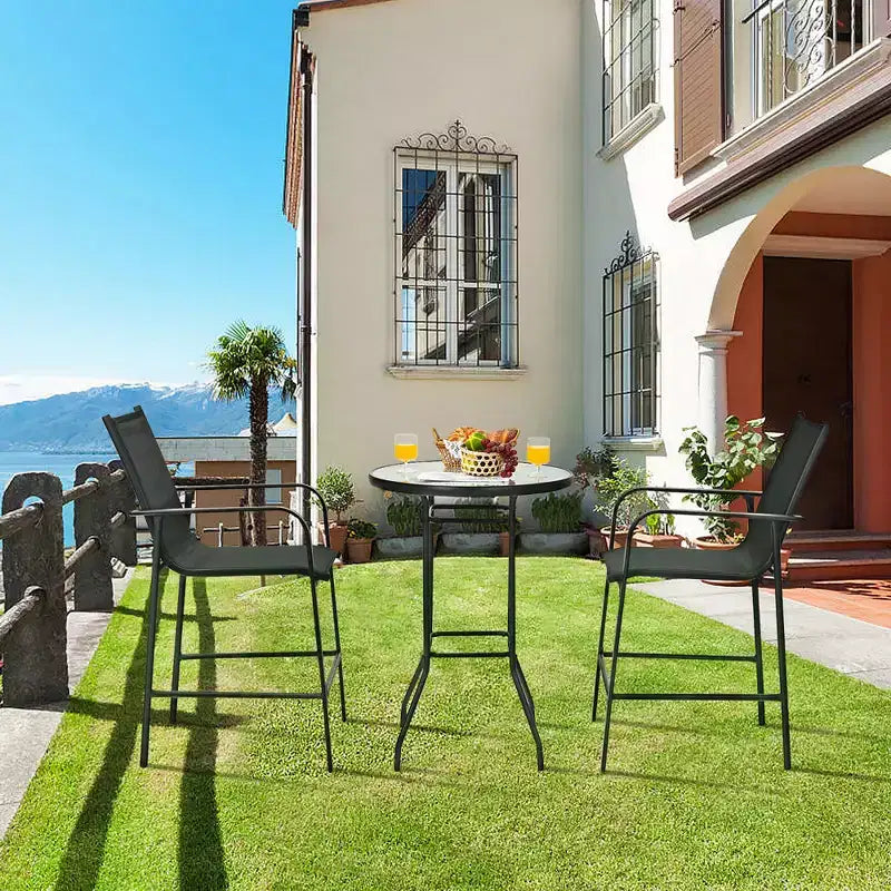 Conjunto de mesa de bar y taburetes para patio exterior de 3 piezas de Costway, con superficie de vidrio templado de altura