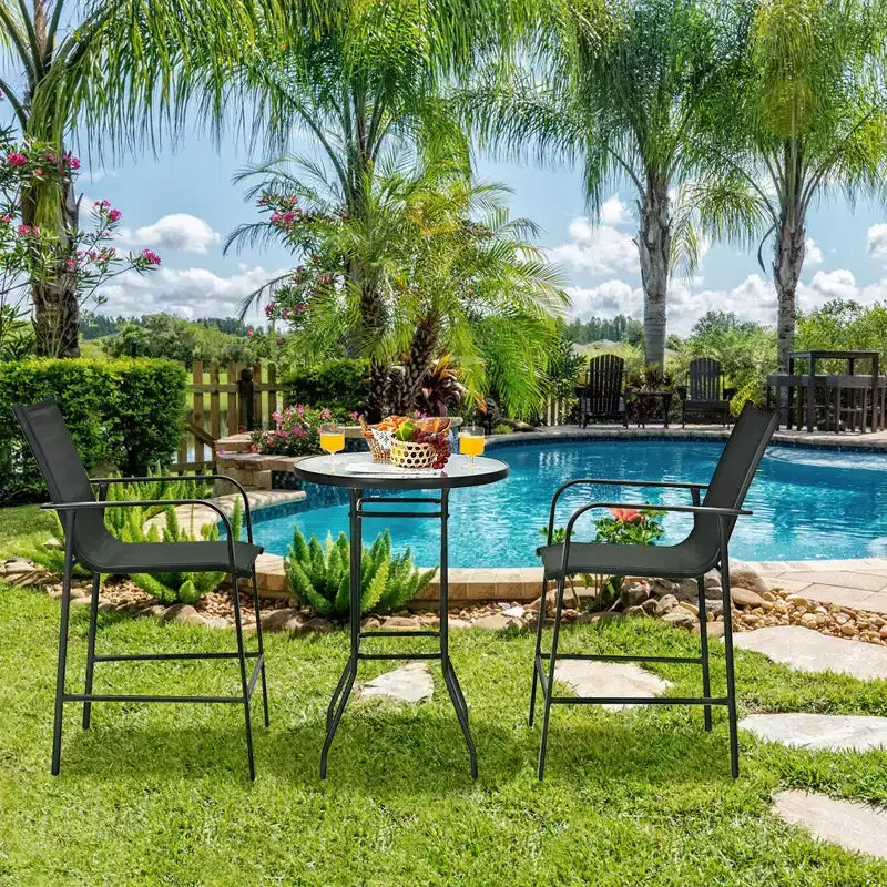 Conjunto de mesa de bar y taburetes para patio exterior de 3 piezas de Costway, con superficie de vidrio templado de altura