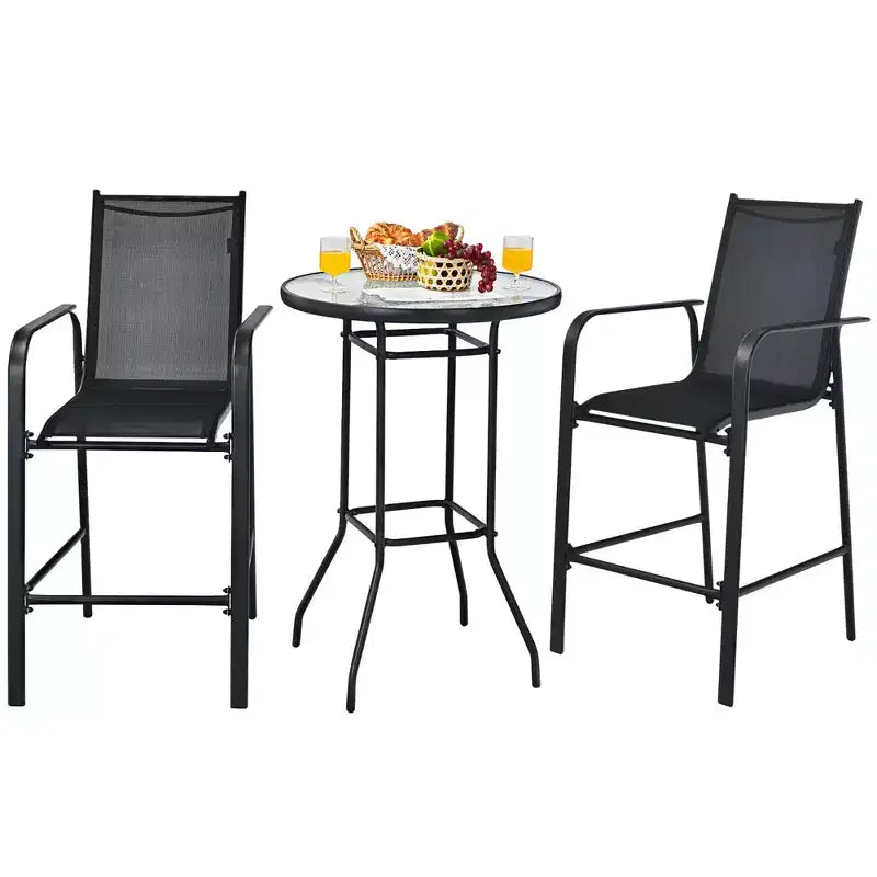 Conjunto de mesa de bar y taburetes para patio exterior de 3 piezas de Costway, con superficie de vidrio templado de altura