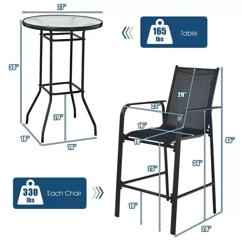 Conjunto de mesa de bar y taburetes para patio exterior de 3 piezas de Costway, con superficie de vidrio templado de altura