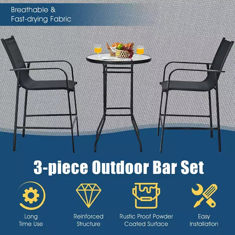 Conjunto de mesa de bar y taburetes para patio exterior de 3 piezas de Costway, con superficie de vidrio templado de altura