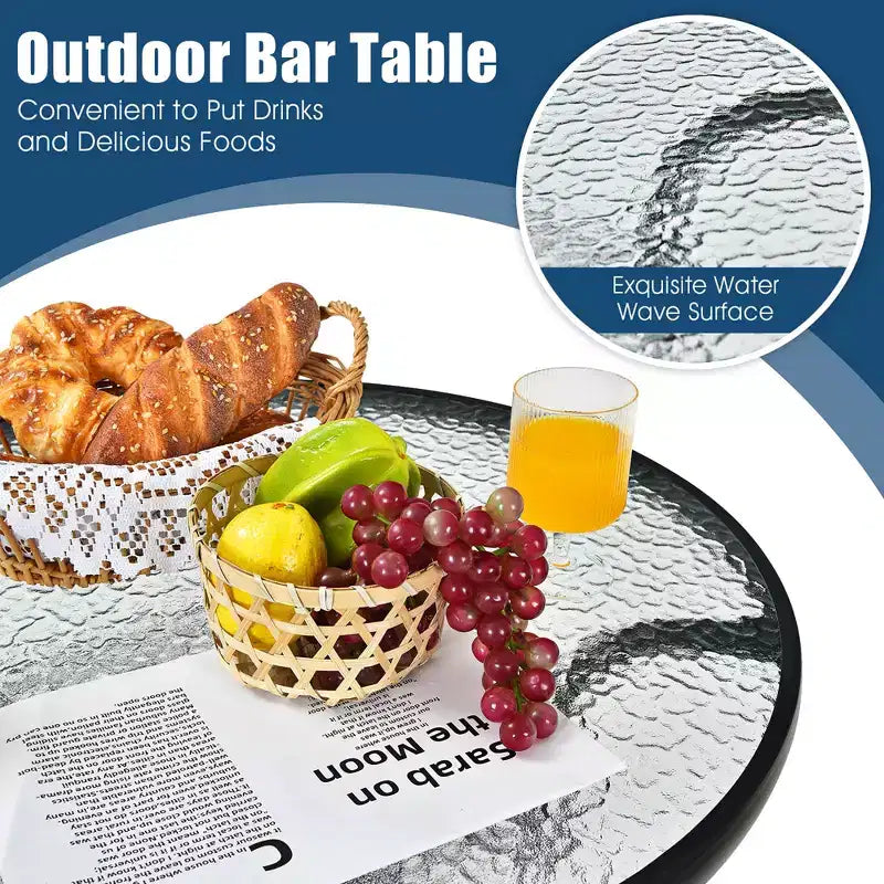 Conjunto de mesa de bar y taburetes para patio exterior de 3 piezas de Costway, con superficie de vidrio templado de altura