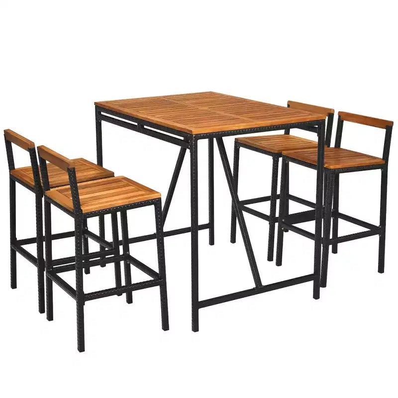 Costway 5PCS Patio Rattan Bar Table Stool Set Acacia Wood Top W/Umbrella Hole