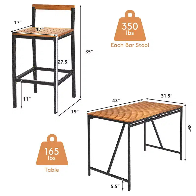 Costway 5PCS Patio Rattan Bar Table Stool Set Acacia Wood Top W/Umbrella Hole