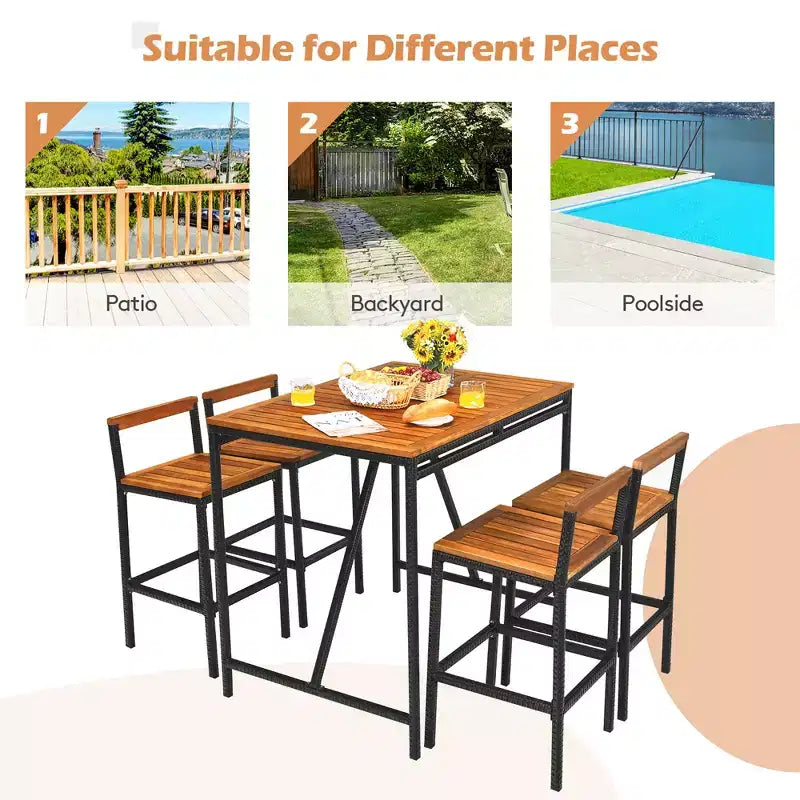Costway 5PCS Patio Rattan Bar Table Stool Set Acacia Wood Top W/Umbrella Hole