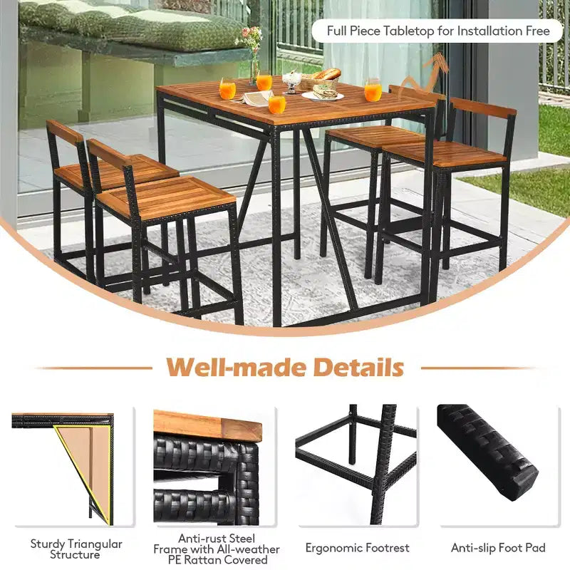 Costway 5PCS Patio Rattan Bar Table Stool Set Acacia Wood Top W/Umbrella Hole