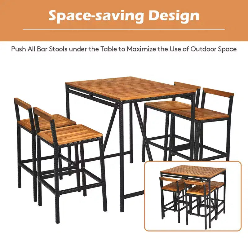Costway 5PCS Patio Rattan Bar Table Stool Set Acacia Wood Top W/Umbrella Hole