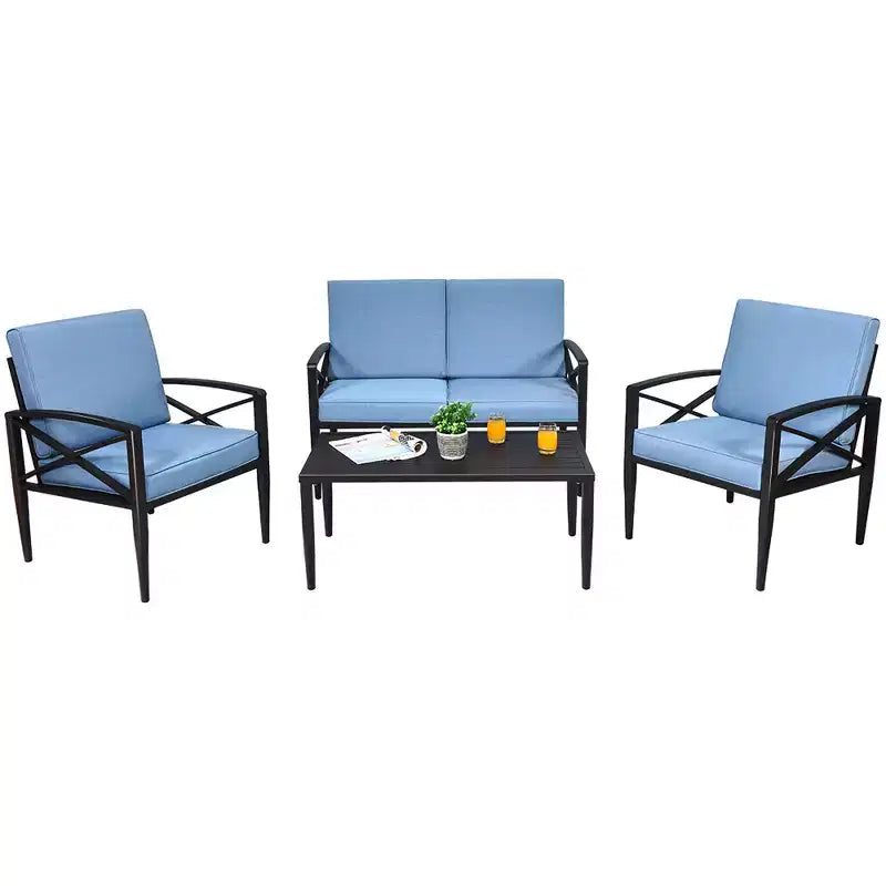 Ensemble de mobilier de jardin Costway 4 pièces, structure en aluminium, canapé et fauteuils avec coussins, table basse, bleu