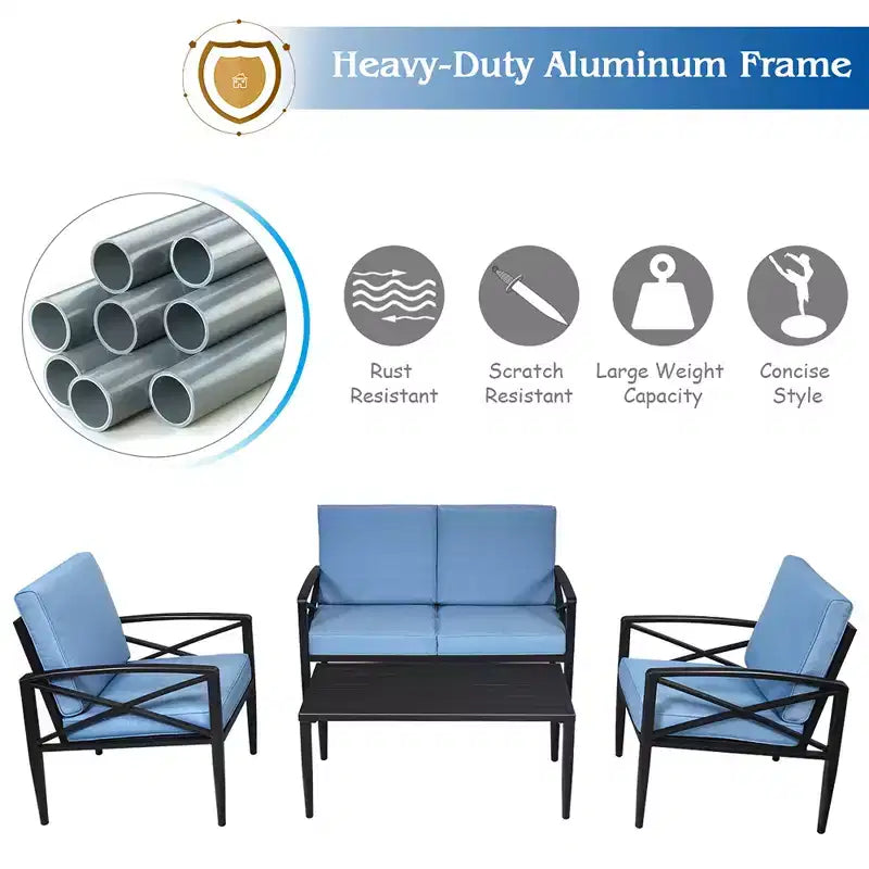 Ensemble de mobilier de jardin Costway 4 pièces, structure en aluminium, canapé et fauteuils avec coussins, table basse, bleu