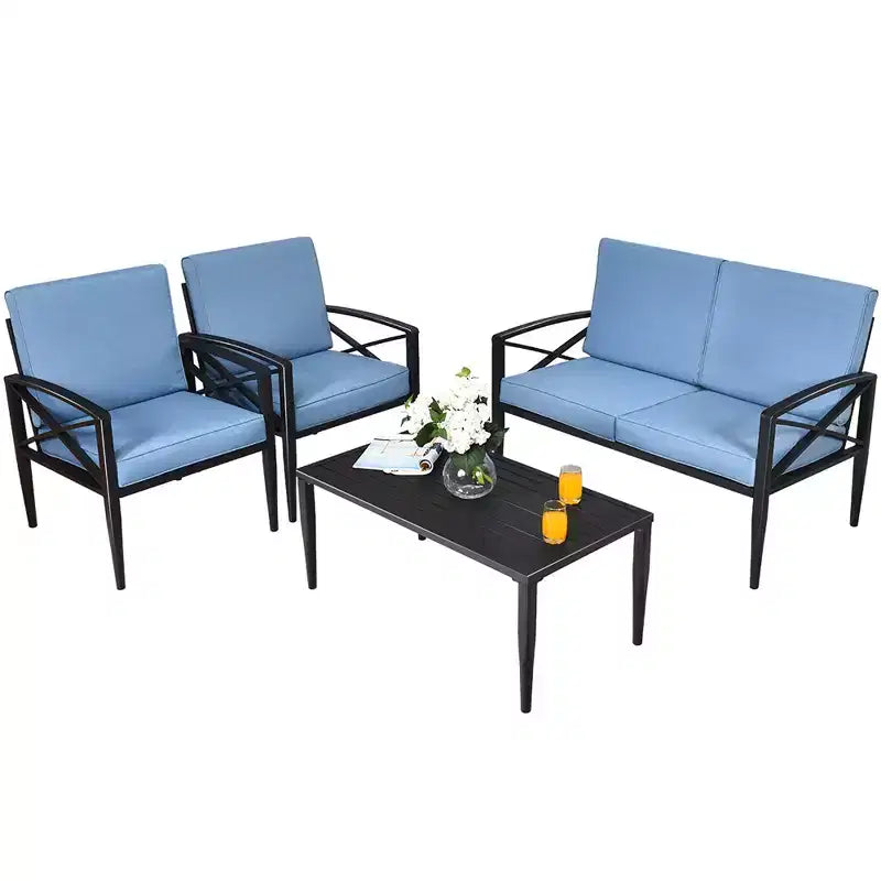 Ensemble de mobilier de jardin Costway 4 pièces, structure en aluminium, canapé et fauteuils avec coussins, table basse, bleu