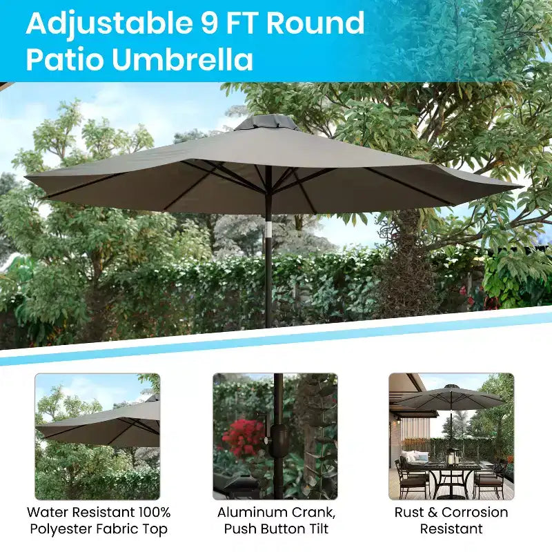 Ensemble de table de terrasse Emma and Oliver de 5 pièces - chaises empilables en faux teck synthétique - table en faux teck - parasol avec pied