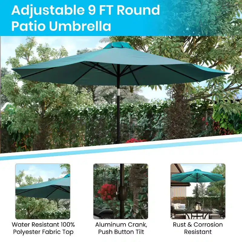 Ensemble de table de terrasse Emma and Oliver de 5 pièces - chaises empilables en faux teck synthétique - table en faux teck - parasol avec pied