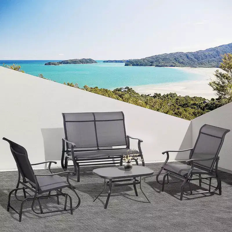 Conjunto de 4 piezas de balancines Outsunny, muebles de exterior con banco balancín para 2 personas, silla individual con asiento de tela y mesa de centro de vidrio, negro