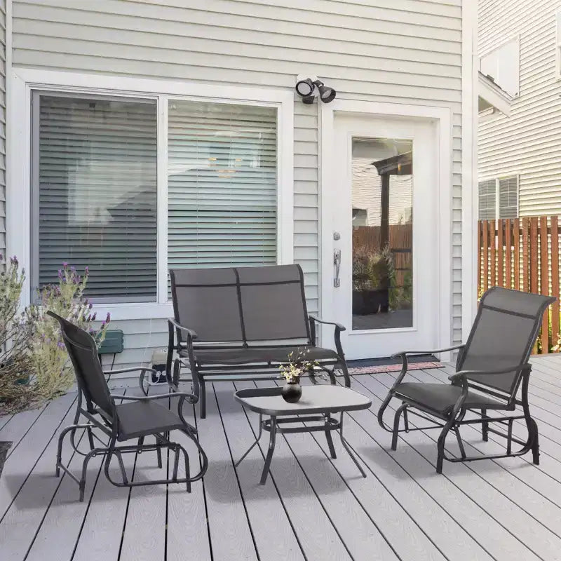 Conjunto de 4 piezas de balancines Outsunny, muebles de exterior con banco balancín para 2 personas, silla individual con asiento de tela y mesa de centro de vidrio, negro