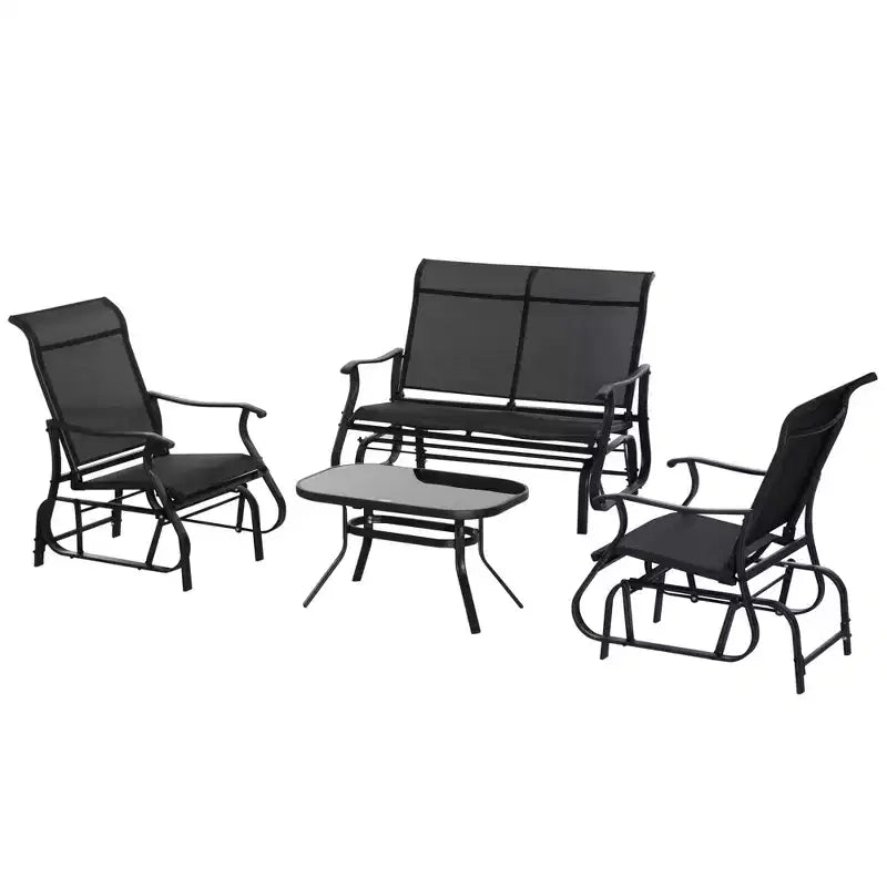 Conjunto de 4 piezas de balancines Outsunny, muebles de exterior con banco balancín para 2 personas, silla individual con asiento de tela y mesa de centro de vidrio, negro