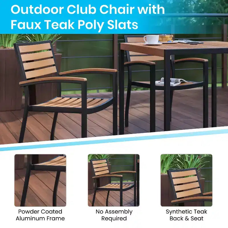 Merrick Lane conjunto de comedor para patio de siete piezas de falso teca que incluye mesa, cuatro sillones, sombrilla de patio de 9' y base