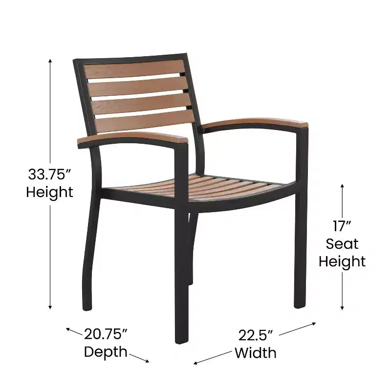 Merrick Lane conjunto de comedor para patio de siete piezas de falso teca que incluye mesa, cuatro sillones, sombrilla de patio de 9' y base