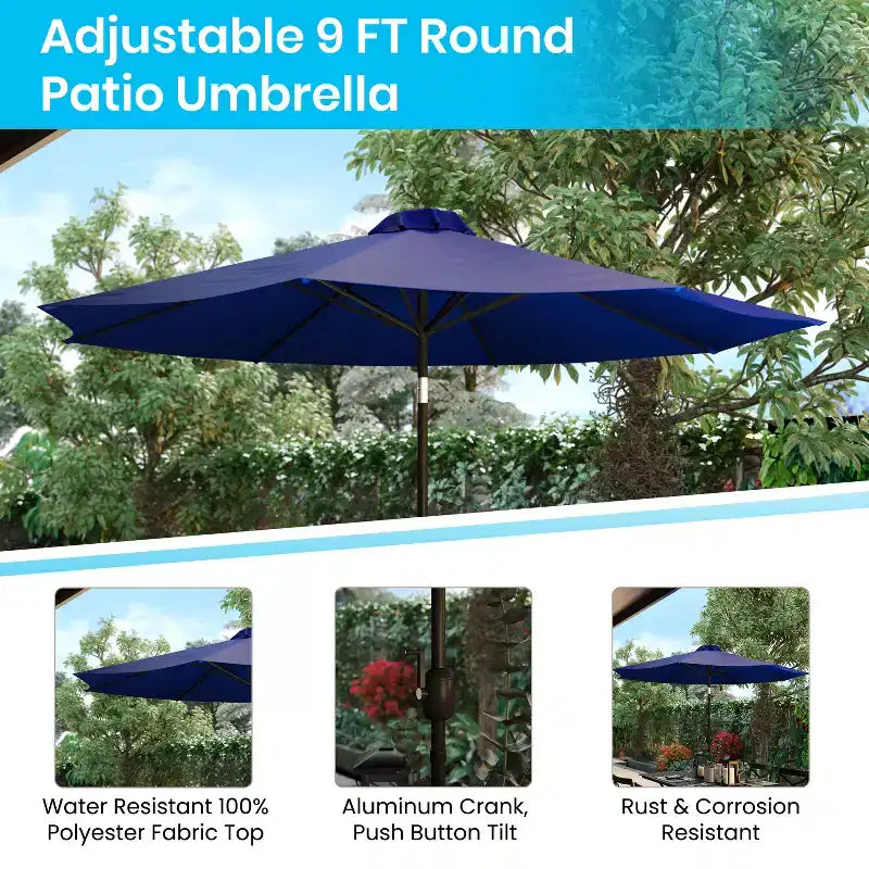 Merrick Lane conjunto de comedor para patio de siete piezas de falso teca que incluye mesa, cuatro sillones, sombrilla de patio de 9' y base