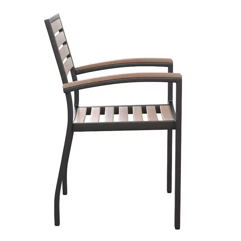 Merrick Lane conjunto de comedor para patio de siete piezas de falso teca que incluye mesa, cuatro sillones, sombrilla de patio de 9' y base